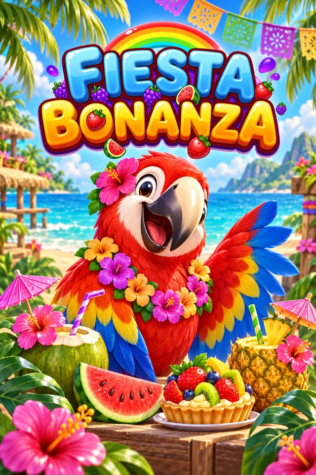 Guacamayo entre frutas tropicales y flores en la playa de Fiesta Bonanza
