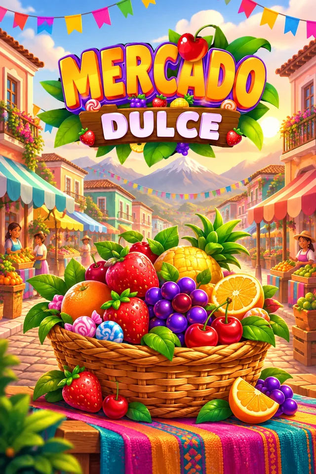 Cesta de frutas y dulces en el mercado de colores de Mercado Dulce